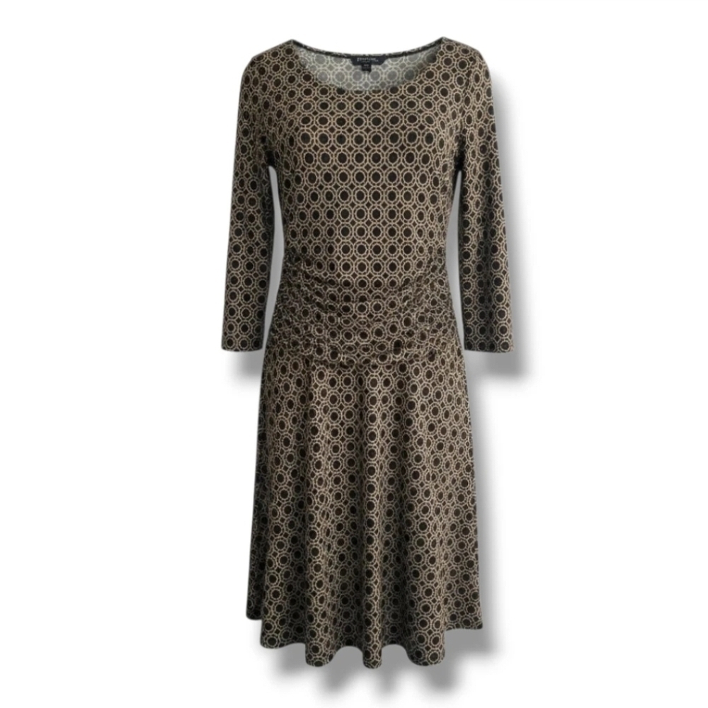 En Focus Studio Brown & Black Geometric Print Ruched Midi Dress Size 8​